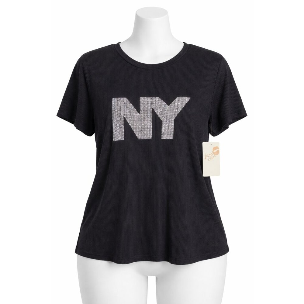 Free Kisses‎ NY Rhinestone Graphic Ribbed Tee Black Plus Size 1X NWT